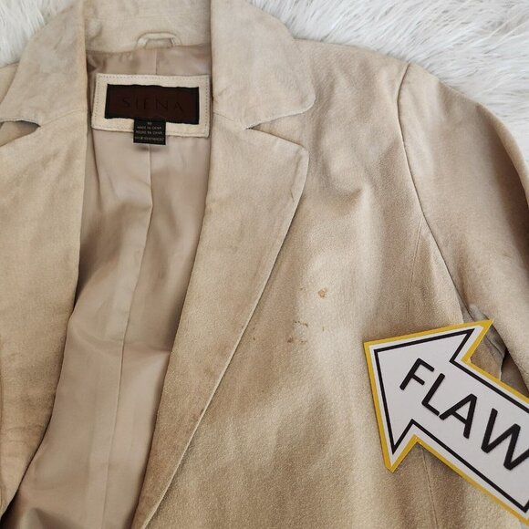 Siena Womens Blazer Size 10 Beige Collared 100% Leather Collared 2 Button Jacket - Picture 6 of 16